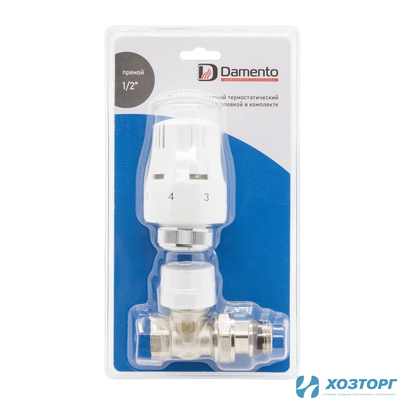  Клапан радиаторный термостатический прямой с уплотнительным кольцом с термоголовкой 1/2" В-Н Damento Clima (1/12)